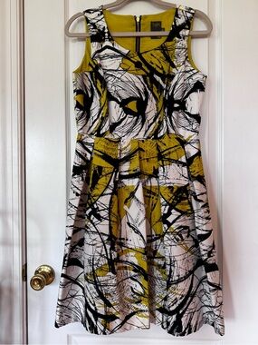 Taylor Sleeveless Abstract Print Midi Dress in Mustard, Black & White